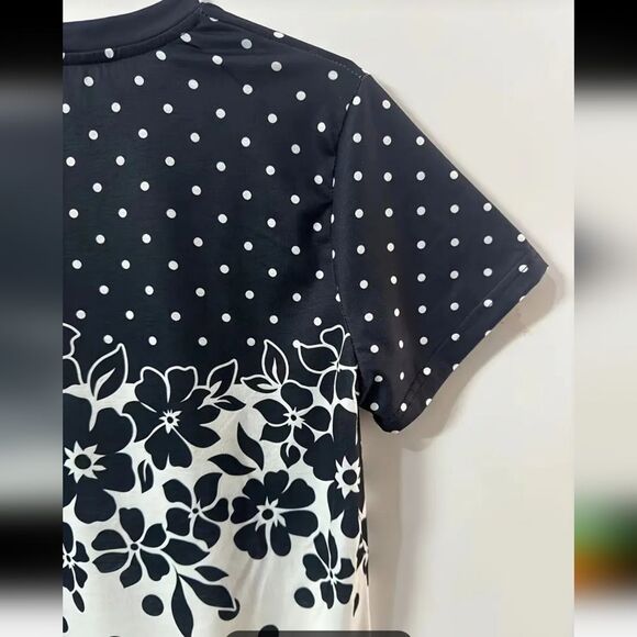 Black White Floral Polka Dot Patterned T-Shirt Sophisticated Chic - Sz 12 - Picture 3 of 4
